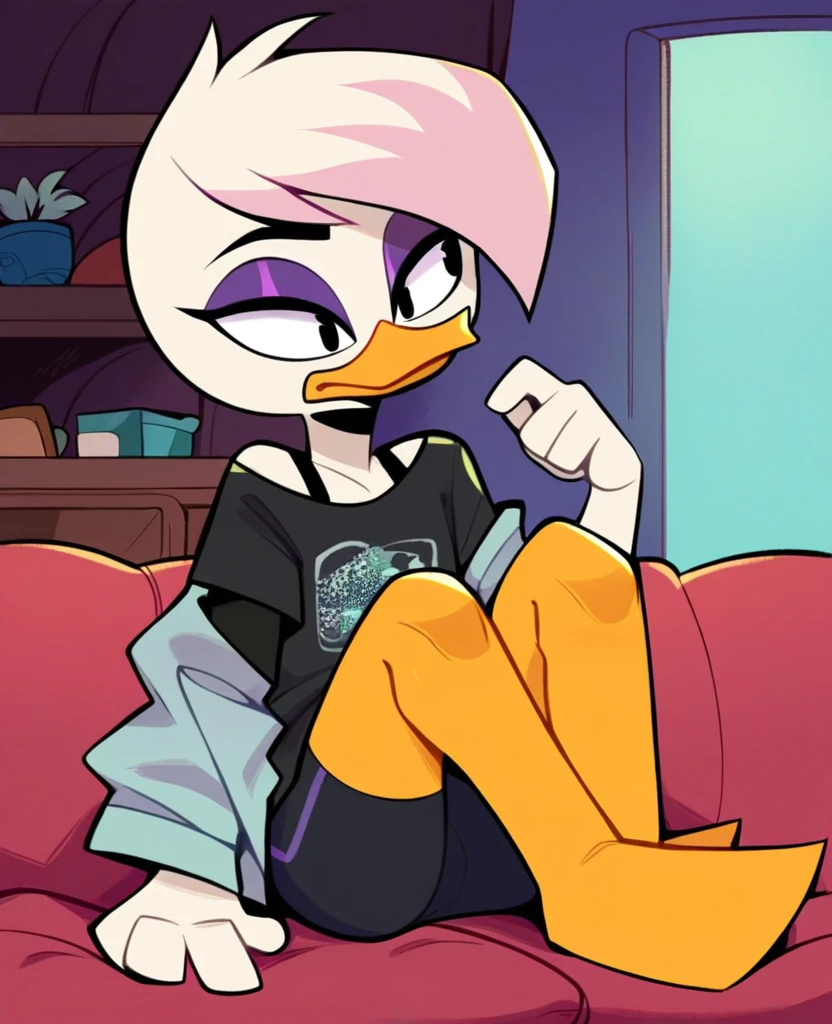 score_9, score_8_up, score_7_up, score_6_up, best quality, highres, source_furry, source_cartoon
1girl, female, solo, furry, inside, living room, duck, beak, lena sabrewing, young, , white skin, white hair, pink highlights, short hair, orange legs, black eyes, purple eyeshadow, green t-shirt, bra strap, off shoulder, bike shorts, provocative pose, sitting on sofa, looking front

This character is a young female furry duck with white skin and short white hair accented with pink highlights. She has orange legs and a beak, along with striking black eyes enhanced with purple eyeshadow. Dressed in a green t-shirt that slips off one shoulder to reveal a bra strap, she also wears bike shorts. The character is sitting provocatively on a sofa in a living room, gazing directly forward with a confident and alluring expression.