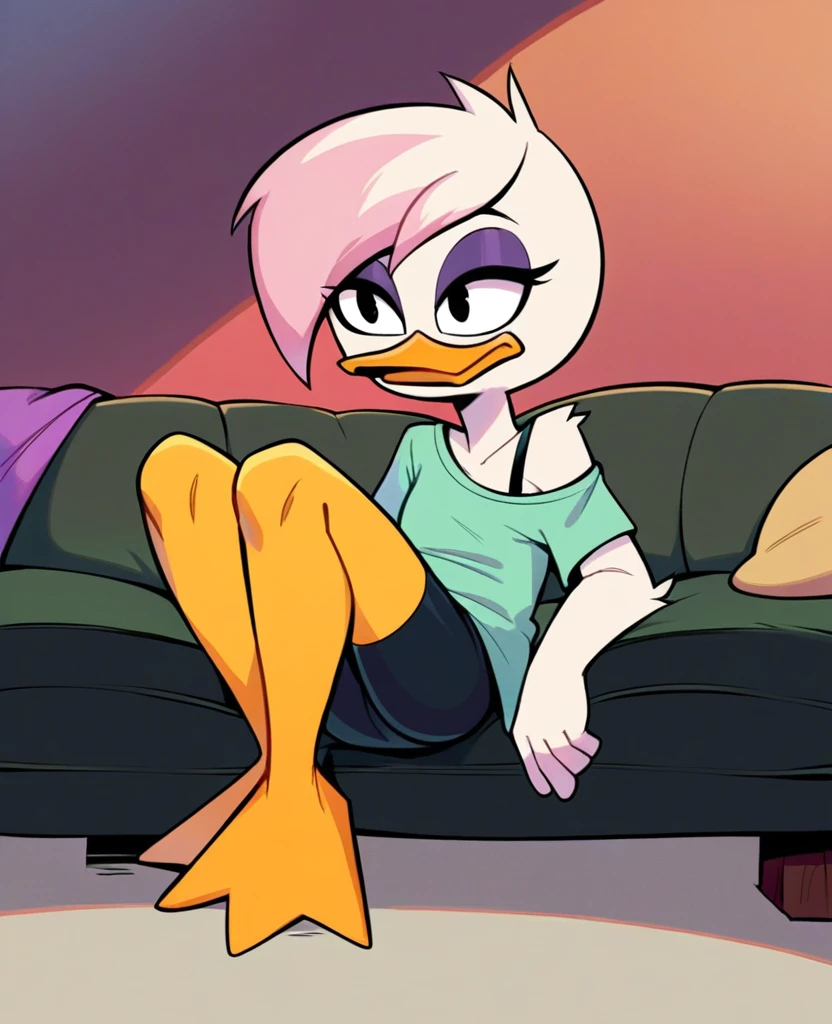 score_9, score_8_up, score_7_up, score_6_up, best quality, highres, source_furry, source_cartoon
1girl, female, solo, furry, inside, living room, duck, beak, lena sabrewing, young, , white skin, white hair, pink highlights, short hair, orange legs, black eyes, purple eyeshadow, green t-shirt, bra strap, off shoulder, bike shorts, provocative pose, sitting on sofa, looking front

This character is a young female furry duck with white skin and short white hair accented with pink highlights. She has orange legs and a beak, along with striking black eyes enhanced with purple eyeshadow. Dressed in a green t-shirt that slips off one shoulder to reveal a bra strap, she also wears bike shorts. The character is sitting provocatively on a sofa in a living room, gazing directly forward with a confident and alluring expression.