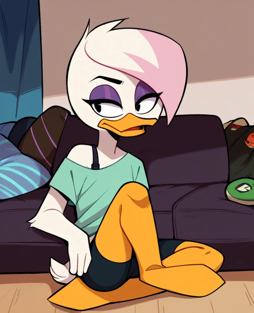 score_9, score_8_up, score_7_up, score_6_up, best quality, highres, source_furry, source_cartoon
1girl, female, solo, furry, inside, living room, duck, beak, lena sabrewing, young, , white skin, white hair, pink highlights, short hair, orange legs, black eyes, purple eyeshadow, green t-shirt, bra strap, off shoulder, bike shorts, provocative pose, sitting on sofa, looking front

This character is a young female furry duck with white skin and short white hair accented with pink highlights. She has orange legs and a beak, along with striking black eyes enhanced with purple eyeshadow. Dressed in a green t-shirt that slips off one shoulder to reveal a bra strap, she also wears bike shorts. The character is sitting provocatively on a sofa in a living room, gazing directly forward with a confident and alluring expression.