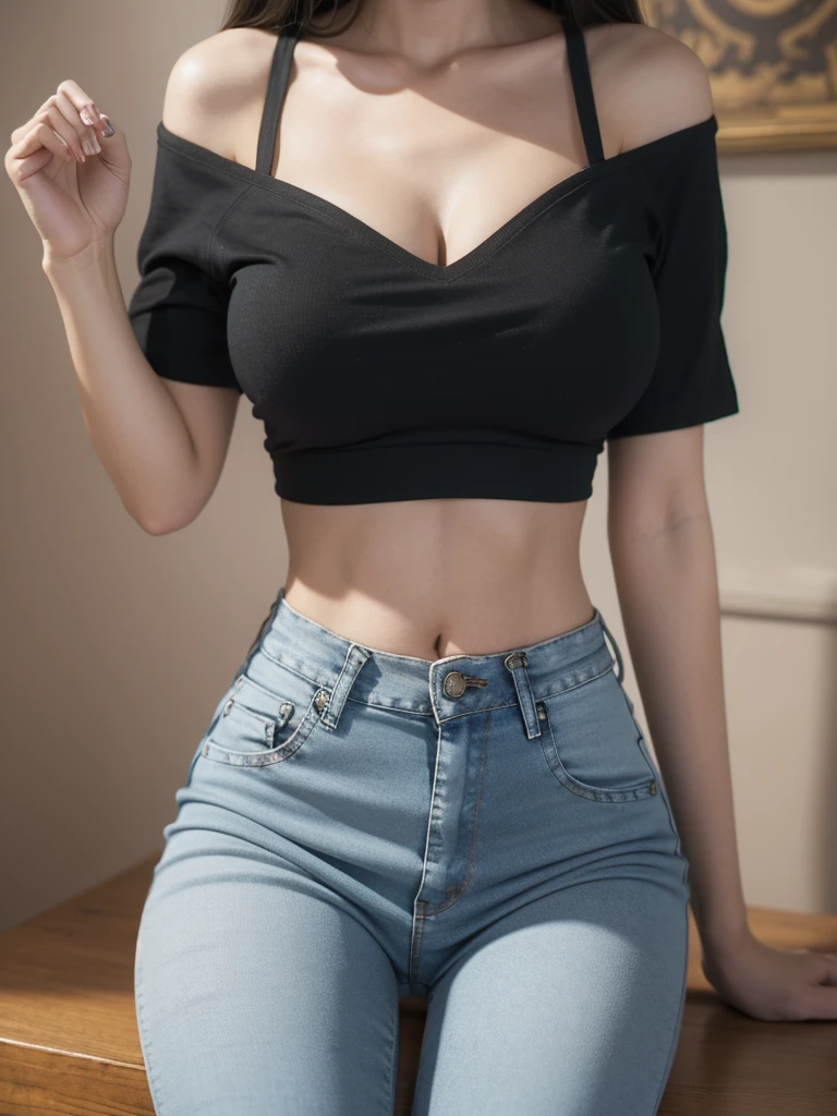 Beautiful 18 year old redhead girl wearing beautiful big earrings and black one shoulder tight blouse and high waisted jeans with belt and showing her belly button T shape with big breasts and thick legs