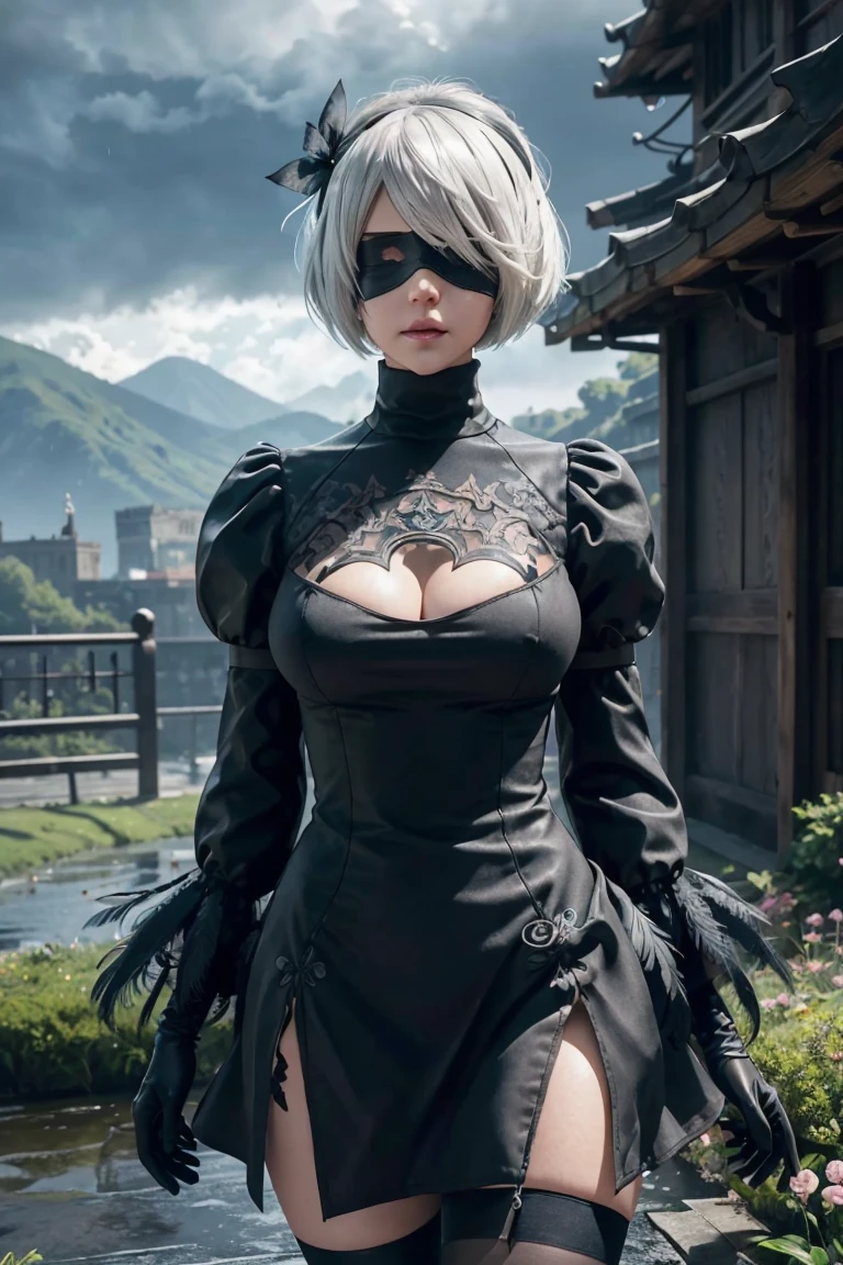 2B Nier Automata,Bobcut, Gray Hair,Long sleeve, Juliet Sleeve, White gloves, turtleneck, bangs, Feather ornament, Feather ornament sleeves, Blindfold, Black Goth Dress,Japanese Ultra HD,super high quality,masterpiece,Digital SLR,Photorealistic,Detailed details,Vivid details,Depicted in detail,A detailed face,Detailed details,Super Detail,Realistic skin texture,Anatomical basis,Perfect Anatomy,Anatomically correct hand,Anatomically correct fingers,Complex 3D rendering,Sexy pose,Rainy Sky,Beautiful scenery,Fantastic rainy sky,Fantasy worldview,Picturesque,Pink Lips,Black butterfly々Fluttering,Black Rose Field,