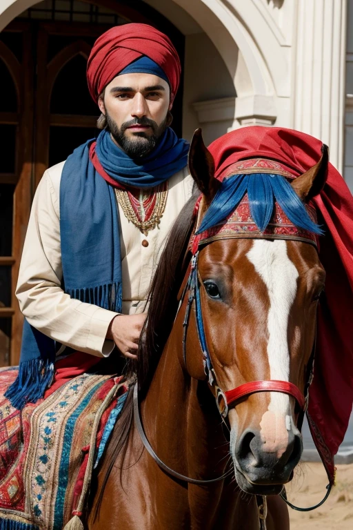 Gypsy man with blue eyes and brown hair headscarf wearing red blue and gold clothing next to a horse