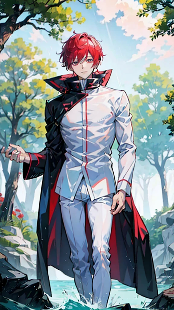a dashing male anime character with a thin, handsome face, charismatic "shanks" in the "one pice" series wearing a white shirt, short red jeans, and a black robe, short red hair, with HD resolution, 4k anime with background behind the forest and the water, the rain that falls, wets it.