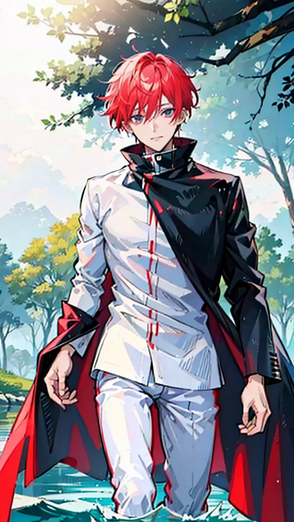 a dashing male anime character with a thin, handsome face, charismatic "shanks" in the "one pice" series wearing a white shirt, short red jeans, and a black robe, short red hair, with HD resolution, 4k anime with background behind the forest and the water, the rain that falls, wets it.