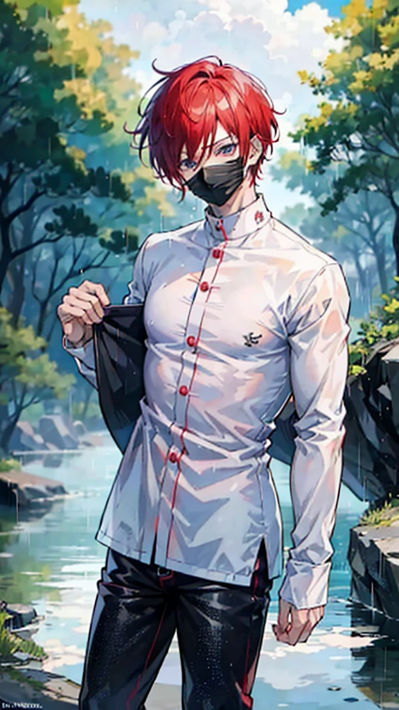 a dashing male anime character with a thin, handsome face, charismatic "shanks" in the "one pice" series wearing a white shirt, short red jeans, and a black robe, short red hair, with HD resolution, 4k anime with background behind the forest and the water, the rain that falls, wets it.