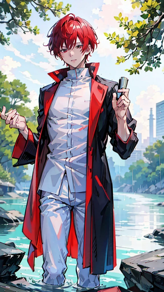 a dashing male anime character with a thin, handsome face, charismatic "shanks" in the "one pice" series wearing a white shirt, short red jeans, and a black robe, short red hair, with HD resolution, 4k anime with background behind the forest and the water, the rain that falls, wets it.