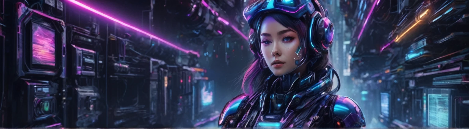 ```
Create a YouTube channel banner with the following specifications:
- Size: 2560 x 1440 pixels, but ensure the main content fits within 1546 x 423 pixels
- Theme: CyberWaveLofi, a channel that produces lo-fi music
- Central text: "CyberWaveLofi" in a futuristic, space-themed font, prominently displayed in the center with correct spelling
- Main visual: A clearly human-like but obviously female AI cyborg with a proportionate neck, an attractive face, stylish hair, and upper body (including chest)
- Background: Futuristic and cool, with a cyberpunk aesthetic
- Include the channel's logo "CyberWaveLofi" prominently within the 1546 x 423 pixels safe area
- Use colors and elements that convey a near-future, high-tech vibe

```