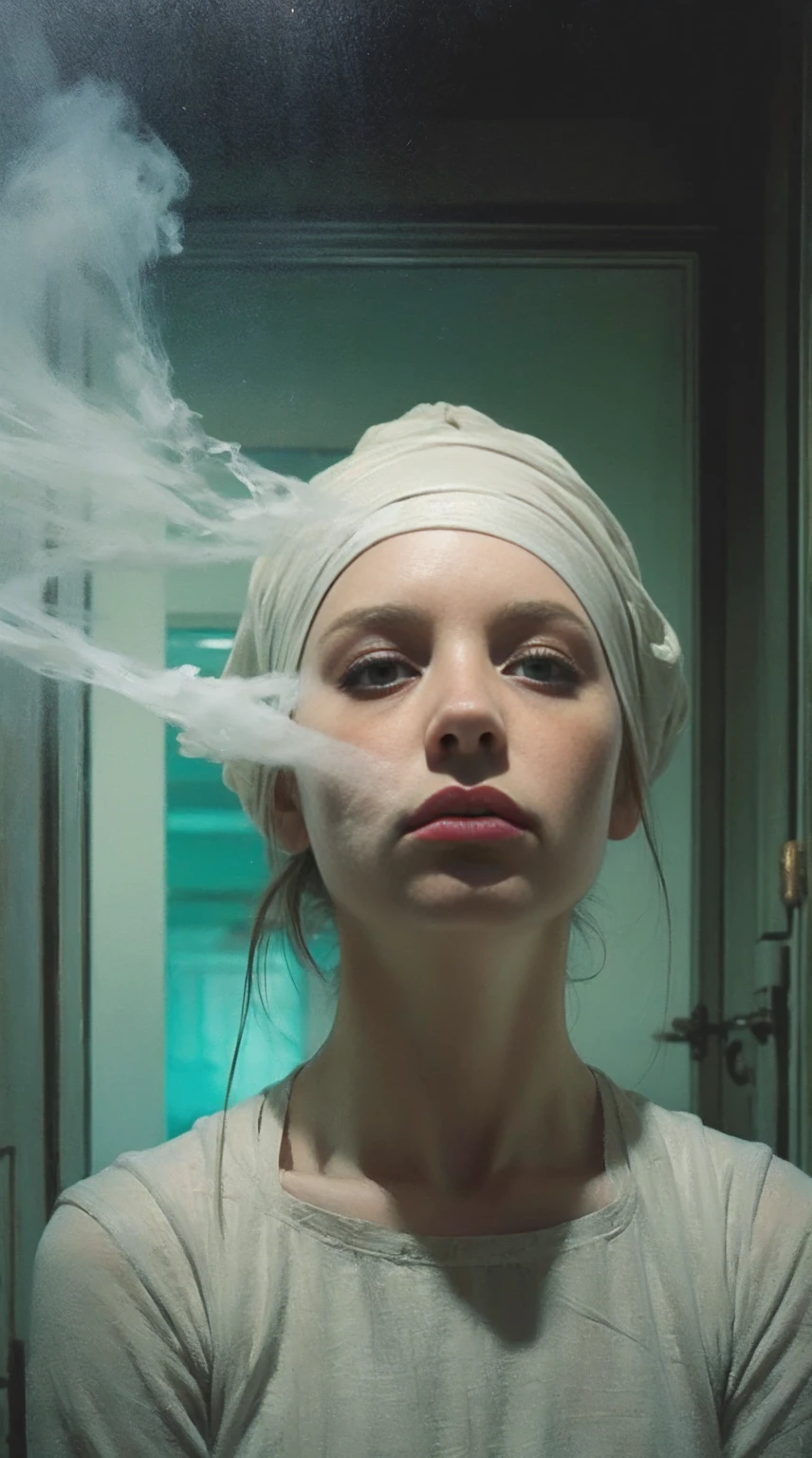 image of a very beautiful lady face enveloped in a smoke-like material, appears to be merging with the air around them, high contrast between the dark background and the bright, Beautiful female in futuristic attire holding a sword, in the style of movie still, snapshot realism, light green and white, fujifilm eterna vivid 500t, chinapunk, cyberpunk realism, poolcore --ar 73:111 --stylize 750 --v 6