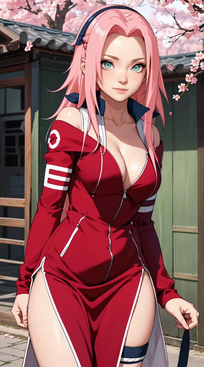 tmasterpiece, Best quality at best, 1girll, Sakura Haruno, Large breasts,Off-the-shoulder attire,upperbody closeup),Raised ,is shy,ssmile,with pink hair, long whitr hair, (Green eyeballs:1.4), Forehead protection, the cherry trees,Cherry blossoms flying,Red clothes,Zipper pulled down far, (very deep cleavage), revealing dress, breasts visible, slutty, (front zipper of dressed pulled down far), (open dress), navel, zipper pulled down till cortch,