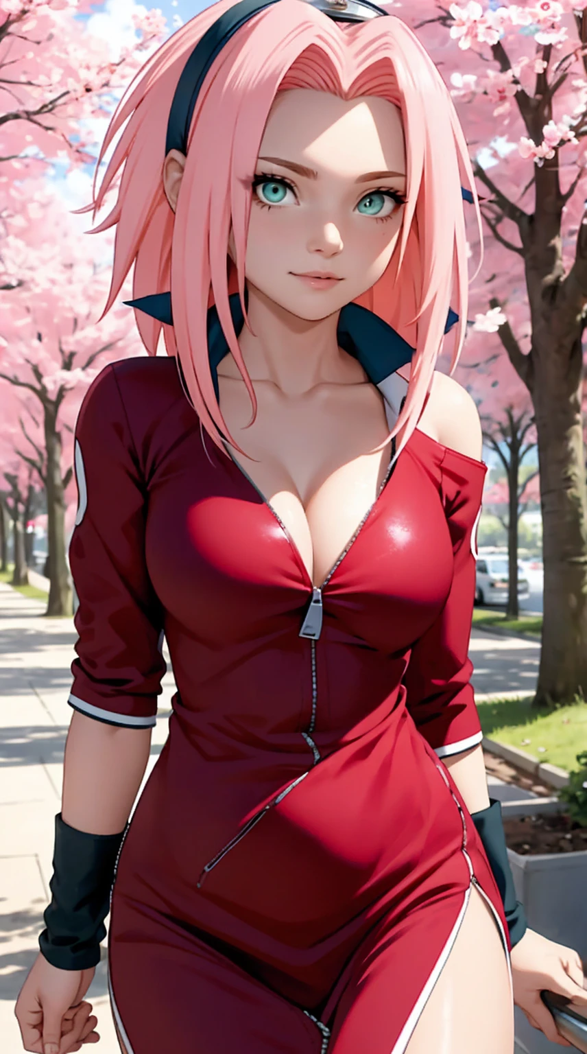 tmasterpiece， Best quality at best， 1girll， Sakura Haruno， Large breasts，Off-the-shoulder attire，upperbody closeup)，Raised sexy，is shy，ssmile，with pink hair， long whitr hair， （Green eyeballs:1.4)， Forehead protection， the cherry trees，Cherry blossoms flying，Red clothes，Zipper pulled down far, (very deep cleavage), revealing dress, breasts visible, slutty, (front zipper of dressed pulled down far), (open dress), navel, zipper pulled down till cortch,