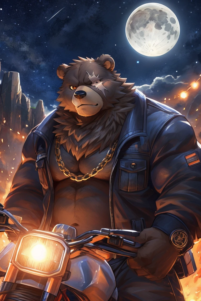 human nature, Wildlife, male,36 years old，Uncle， solitary, ((Round Face, The face is plump,Orange eyes,thick brown hair，Furry little ears with scars)), ((Endomorph, Handsome的，Hot Blood)), （construction worker，White architectural clothing), ((domestic brown bear, Bear Orc，) Fluffy fur, Fluffy), Bokeh, (high quality, high resolution, masterpiece), (Dynamic Lighting, Vibrant colors，Natural fill light), (Revitalize，Handsome，), Full body picture (close up), cartoon, author：Takemoto Arashi, From zixiong, By Chunni, author：Empty Ghost，moonlight，Cliff Edge，Leaning on the motorcycle，Night，Invite the other ，Beautiful starry sky，（background：moonlight的Cliff Edge）