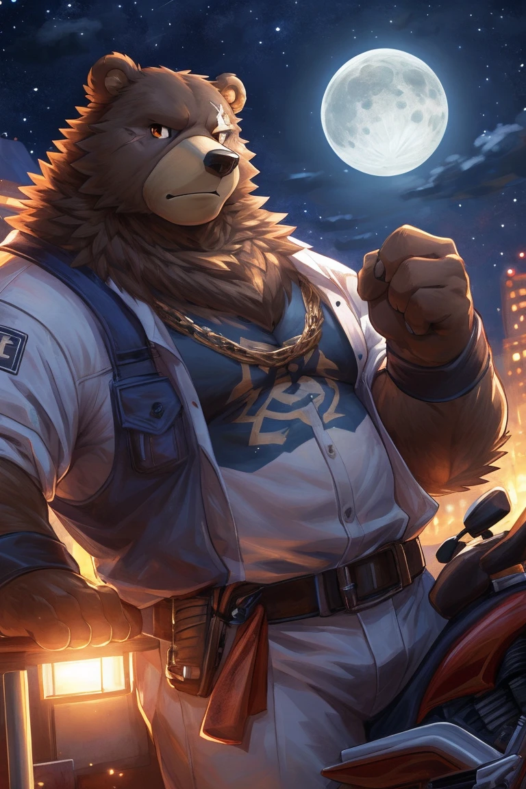 human nature, Wildlife, male,36 years old,Uncle, solitary, ((Round Face, The face is plump,Orange eyes,thick brown hair,Furry little ears with scars)), ((Endomorph, Handsome的,Hot Blood)), (construction worker,White architectural clothing), ((domestic brown bear, Bear Orc,) Fluffy fur, Fluffy), Bokeh, (high quality, high resolution, masterpiece), (Dynamic Lighting, Vibrant colors,Natural fill light), (Revitalize,Handsome,), Full body picture (close up), cartoon, author:Takemoto Arashi, From zixiong, By Chunni, author:Empty Ghost,moonlight,Cliff Edge,Leaning on the motorcycle,Night,Invite the other ,Beautiful starry sky,(background:moonlight的Cliff Edge)