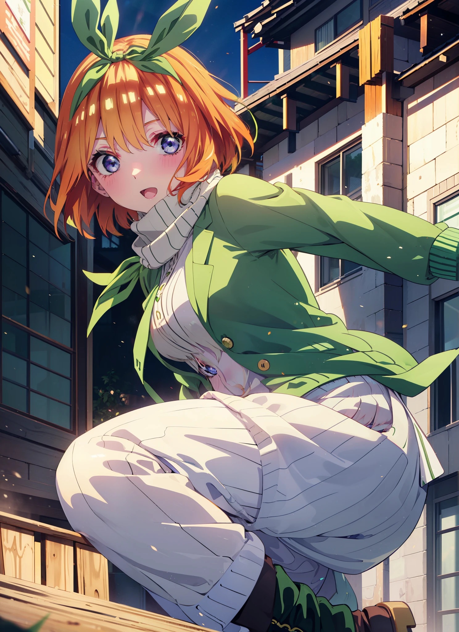Yotsubanakano, Yotsuba Nakano, bangs, short hair, blue eyes, Hair between the eyes, hair ribbon, hair band, Orange Hair, (Green ribbon:1.5), smile,Green long coat,sweater,White scarf,Long skirt,Black pantyhose,short boots,It&#39;s snowing,Snow is piled up,Walking,whole bodyがイラストに入るように,
break ourdoors, In town,
break looking at viewer, whole body,
break (masterpiece:1.2), Highest quality, High resolution, unity 8k wallpaper, (figure:0.8), (Beautiful attention to detail:1.6), Highly detailed face, Perfect lighting, Highly detailed CG, (Perfect hands, Perfect ???????),