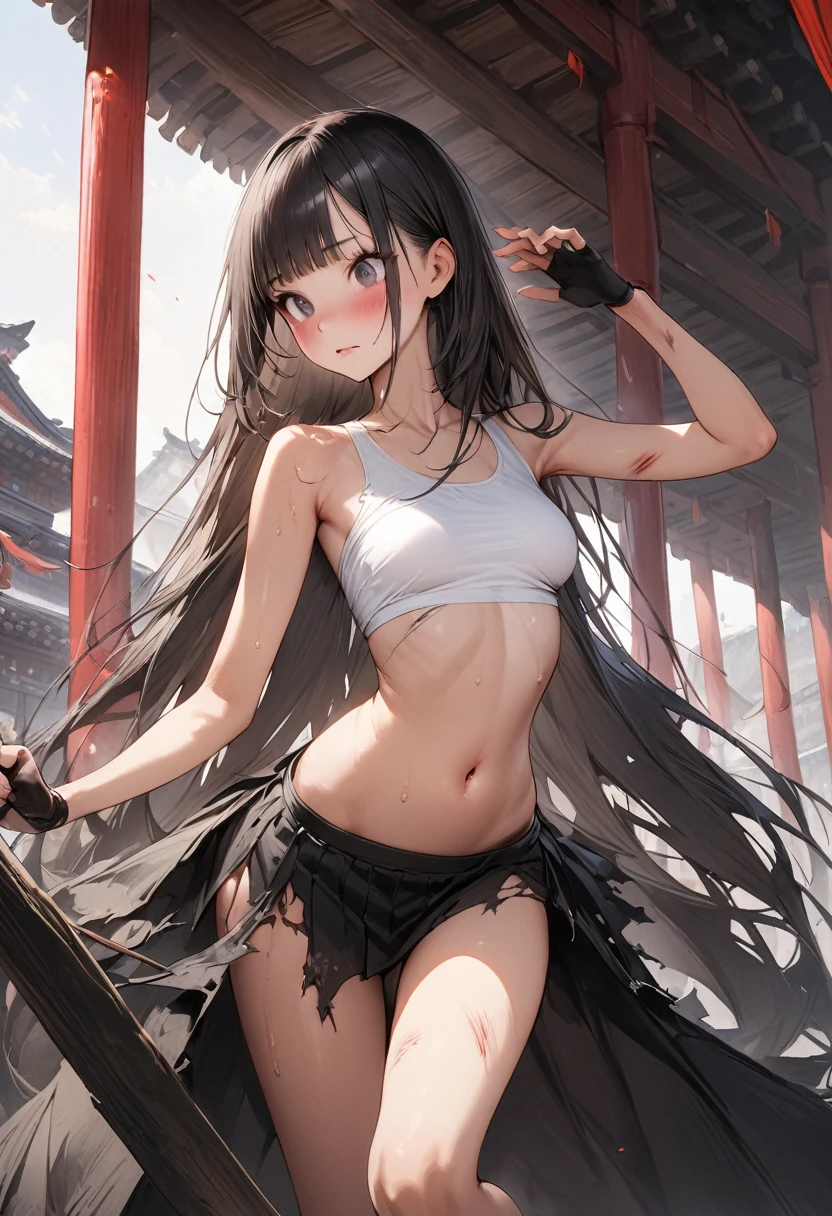 ((masterpiece,Highest quality:1.3,best quality illustration)),(realistic),cowboy shot,独奏,1woman,18 year old beauty,black hair,long hair,bangs,black eyes,gorgeous big eyes,((very small head:1.3)),blush,((very long body:1.2,skinny)),medium breasts,(Injury:1.3、Torn clothing:1.3)、White tube top shirt、navel、(Black pleated mini skirt),Brown leather fingerless gloves、sweat,in heat,gleaming skin,toned body,slender body、Martial arts stance,standing,Martial Arts Matches、amphitheater、