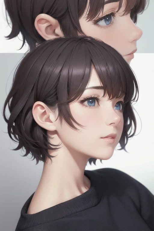 girl,Character design sheet,Beautiful attention to detail,Beautiful lip detail,Very detailed目と顔,Long eyelashes,Realistic,photoRealistic:1.37,Very detailed,Professional,Vibrant colors,Portraiture,Studio Lighting,Sharp focus,Physically Based Rendering,High resolution,超High resolution. blue eyes,Big eyes, Close ~ eyes,Short Hair,Curly hair、Black Hair,Lower eyes,Nape、Shoulder,profile