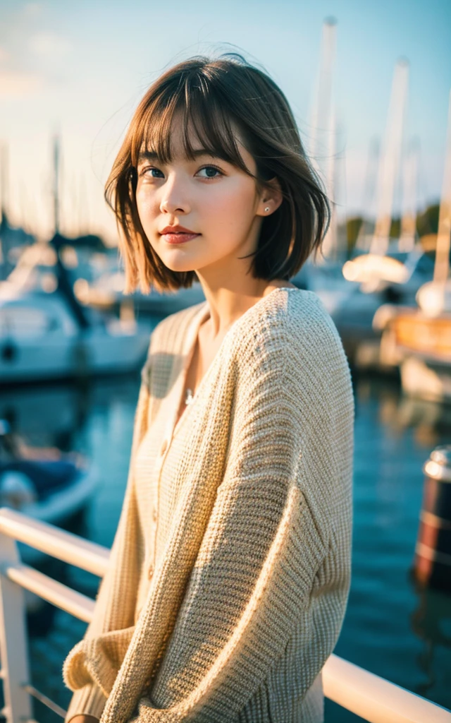 masterpiece, Best Quality, 8K, 1 girl, yacht harbor at dusk, 18 yo, medium breasts⁩, mouth slightly open, cute little, Solo, sad, Clothes suitable for autumn, Cute, Girly, Delicate girl, Neat and clean beauty, Raw photo, Professional Photography, Portrait, Soft light, Professional Lighting, Back lighting, Upper body, see the beholder, Sophisticated, Film grain, (Eyes and faces with detailed:1.0), Short hair swaying in the wind, beautiful flowing brown hair, bangs