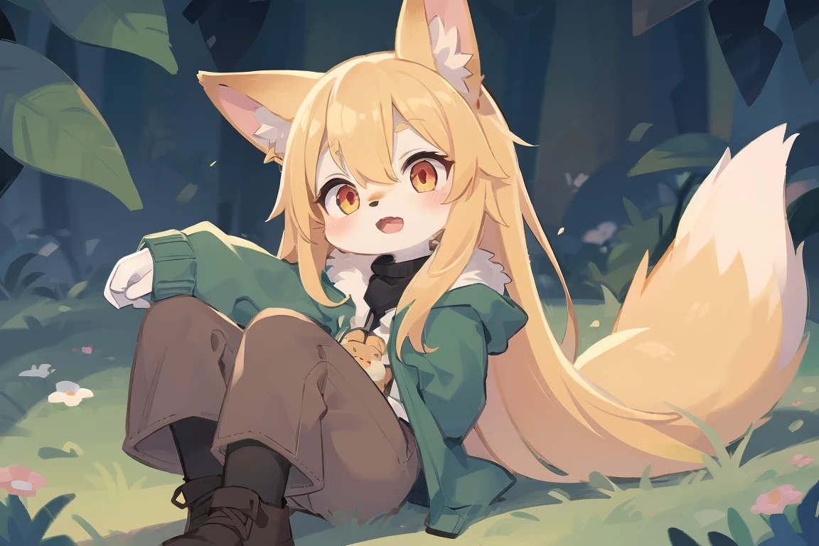 flat color, shota the fox, , was hairy, shaggy, skin fur, smooth lashes, golden fur, forelimb hands, straight long blonde hair, solid circle eyes, golden ears, golden fur, golden facial fur, shiny hair, red eyes, super cute face, 1fox tail, fluffy tail, furry tail, glowing eyes, green coat green hood down, brown trousers, open mouth, ambient light, ultra-fine fur, dashed eyes, masterpiece, high quality, high-details, best quality, (solo)