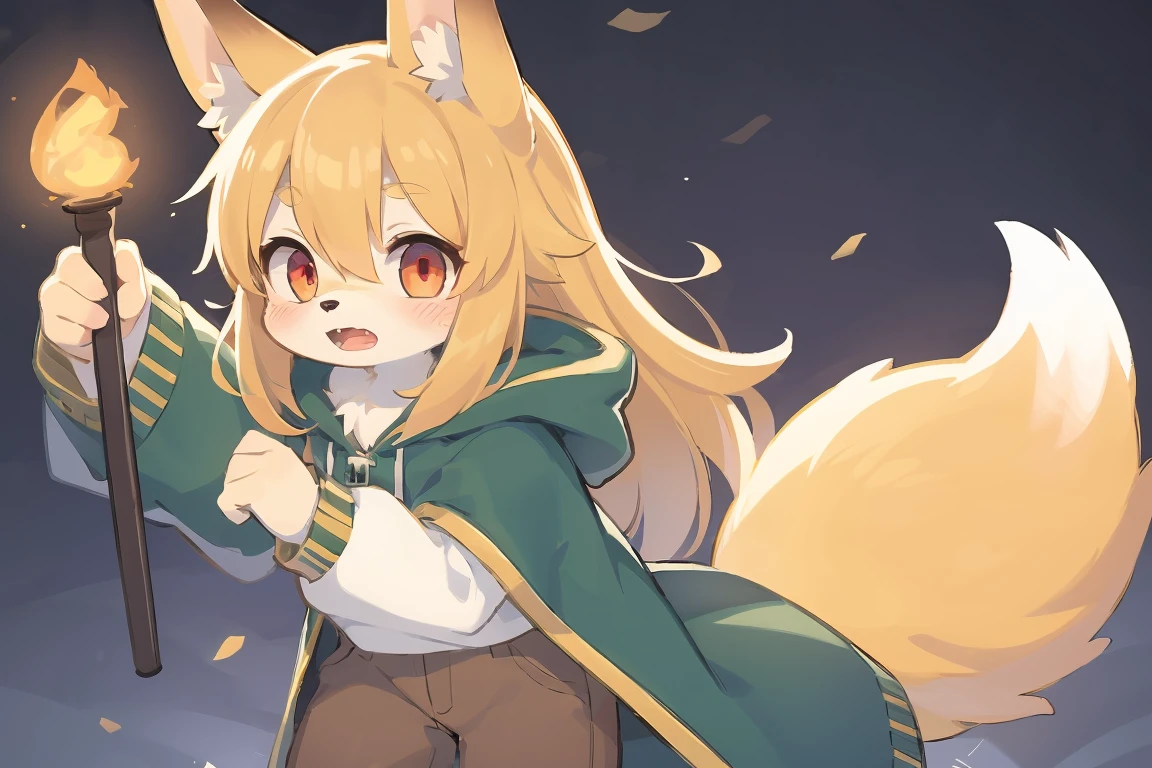 flat color, shota the fox, , was hairy, shaggy, skin fur, smooth lashes, golden fur, forelimb hands, straight long blonde hair, solid circle eyes, golden ears, golden fur, golden facial fur, shiny hair, red eyes, super cute face, 1fox tail, fluffy tail, furry tail, glowing eyes, green coat green hood down, brown trousers, open mouth, ambient light, ultra-fine fur, dashed eyes, masterpiece, high quality, high-details, best quality, (solo)