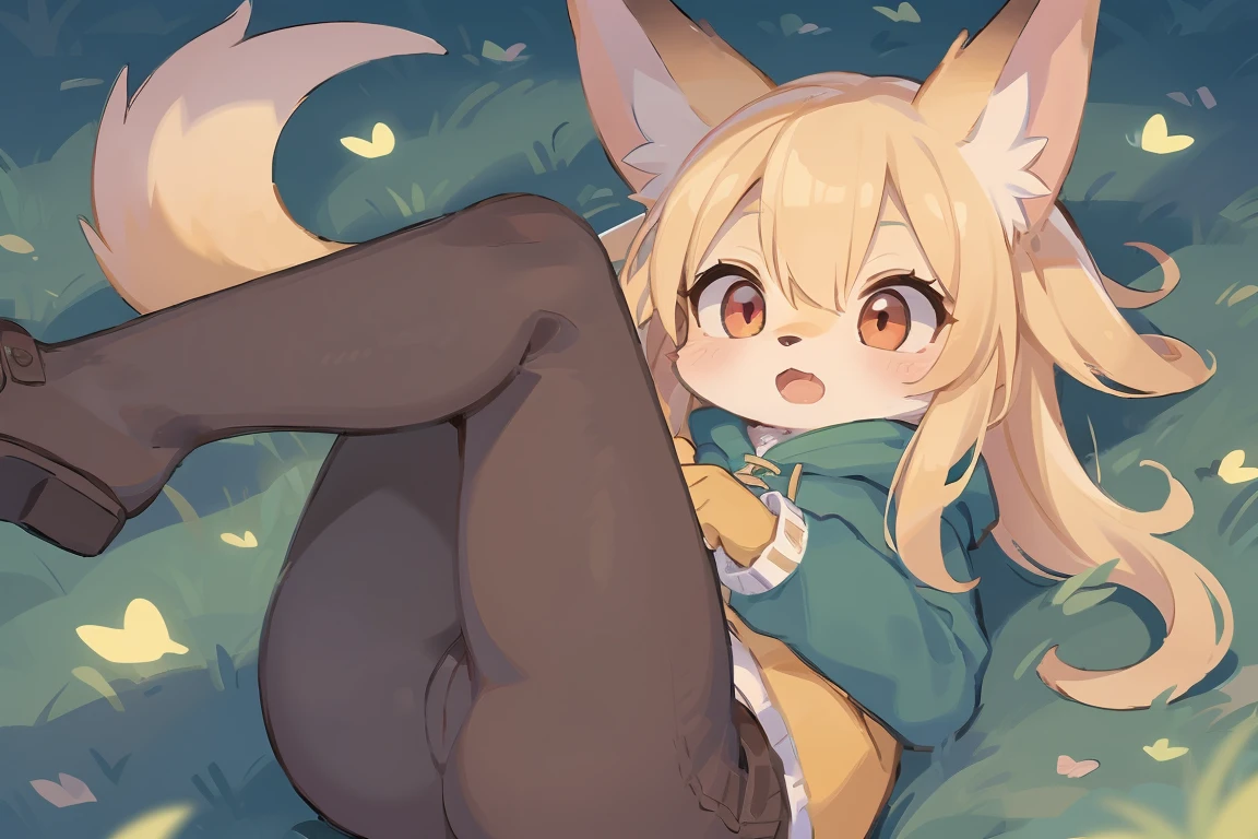 flat color, shota the fox, , was hairy, shaggy, skin fur, smooth lashes, golden fur, forelimb hands, straight long blonde hair, solid circle eyes, golden ears, golden fur, golden facial fur, shiny hair, red eyes, super cute face, 1fox tail, fluffy tail, furry tail, glowing eyes, green coat green hood down, brown trousers, open mouth, ambient light, ultra-fine fur, dashed eyes, masterpiece, high quality, high-details, best quality, (solo)