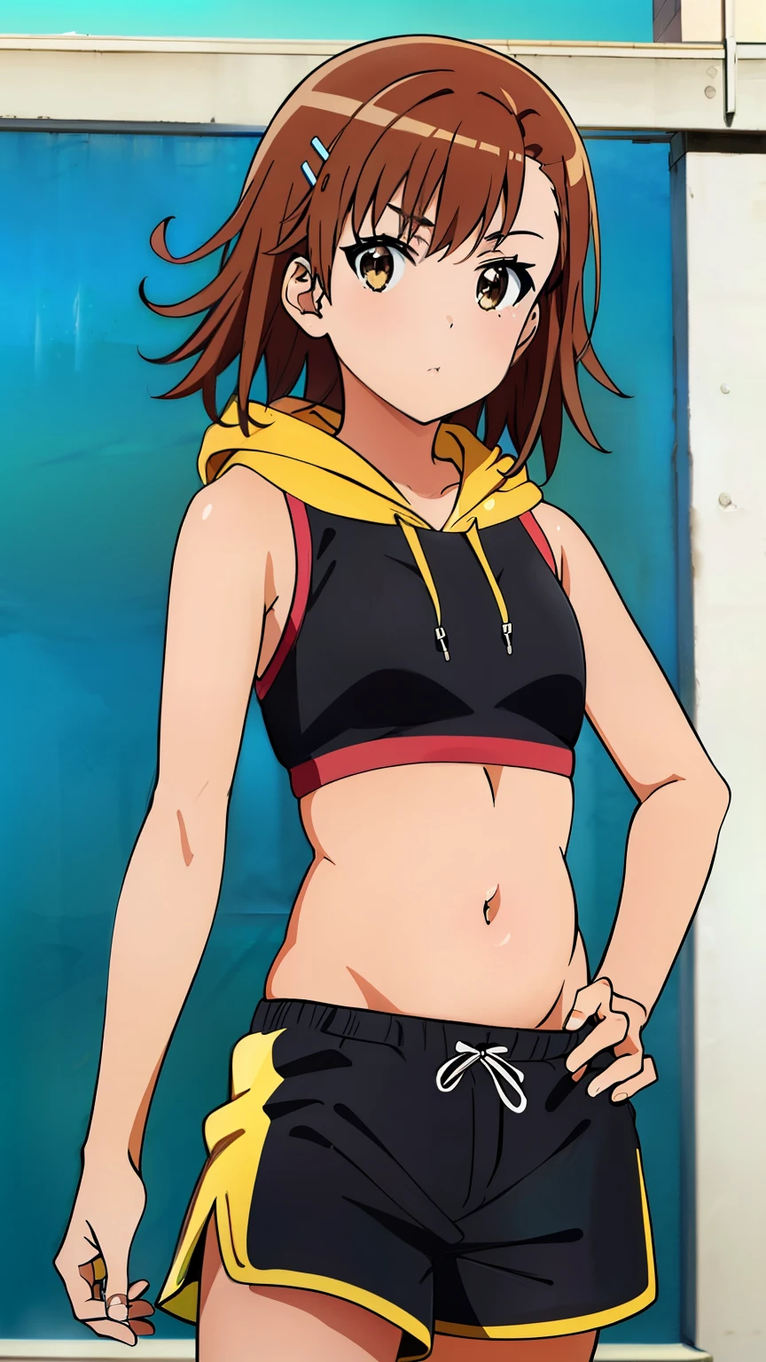 (masterpiece, best quality, 8k:1.2),Very detailed, (anime:1.1), misaka_mikoto, brown hair, medium hair, hairpin, 16 years old, medium breasts, 1girl, (Open the hoodie, hoodie, Sleeveless, Sports Bra,belly button, Shorts), Cowboy shot, looking at viewer,