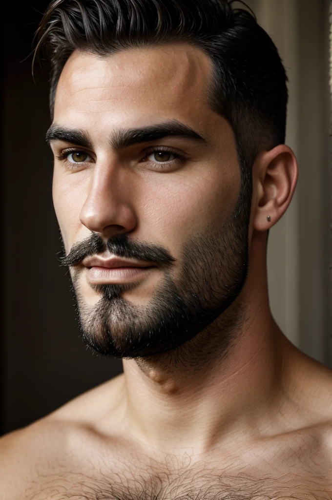 Italian male with shaved neck, dark hair, ink nose, full lips, slightly stubble beard