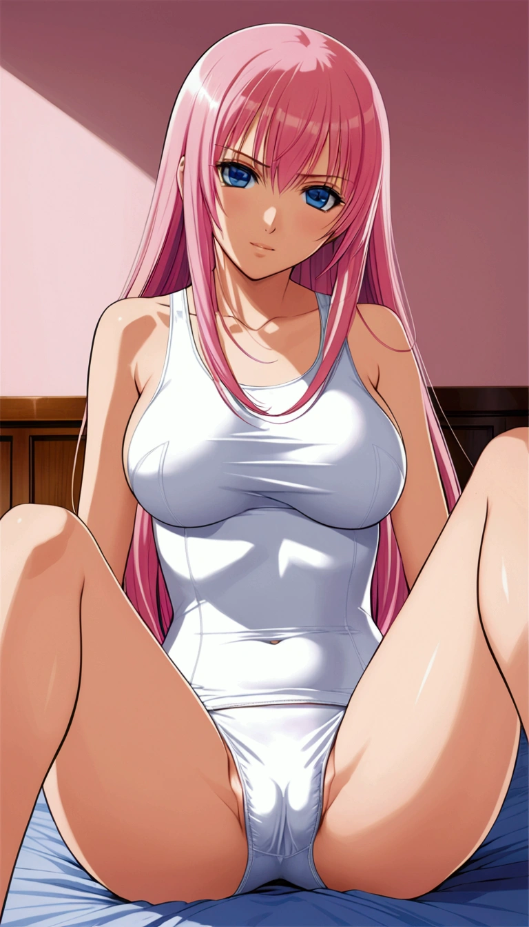 ((masterpiece)),(Detailed and beautiful depiction),Official Art,Beautiful adult woman,Megurine Luka,Pink long hair,blue eyes,Big Breasts,School swimsuit being taken off,Showing vagina up close,Spread your legs,sit,Erotic Seduction:2.0,Embarrassing gesture,bedroom