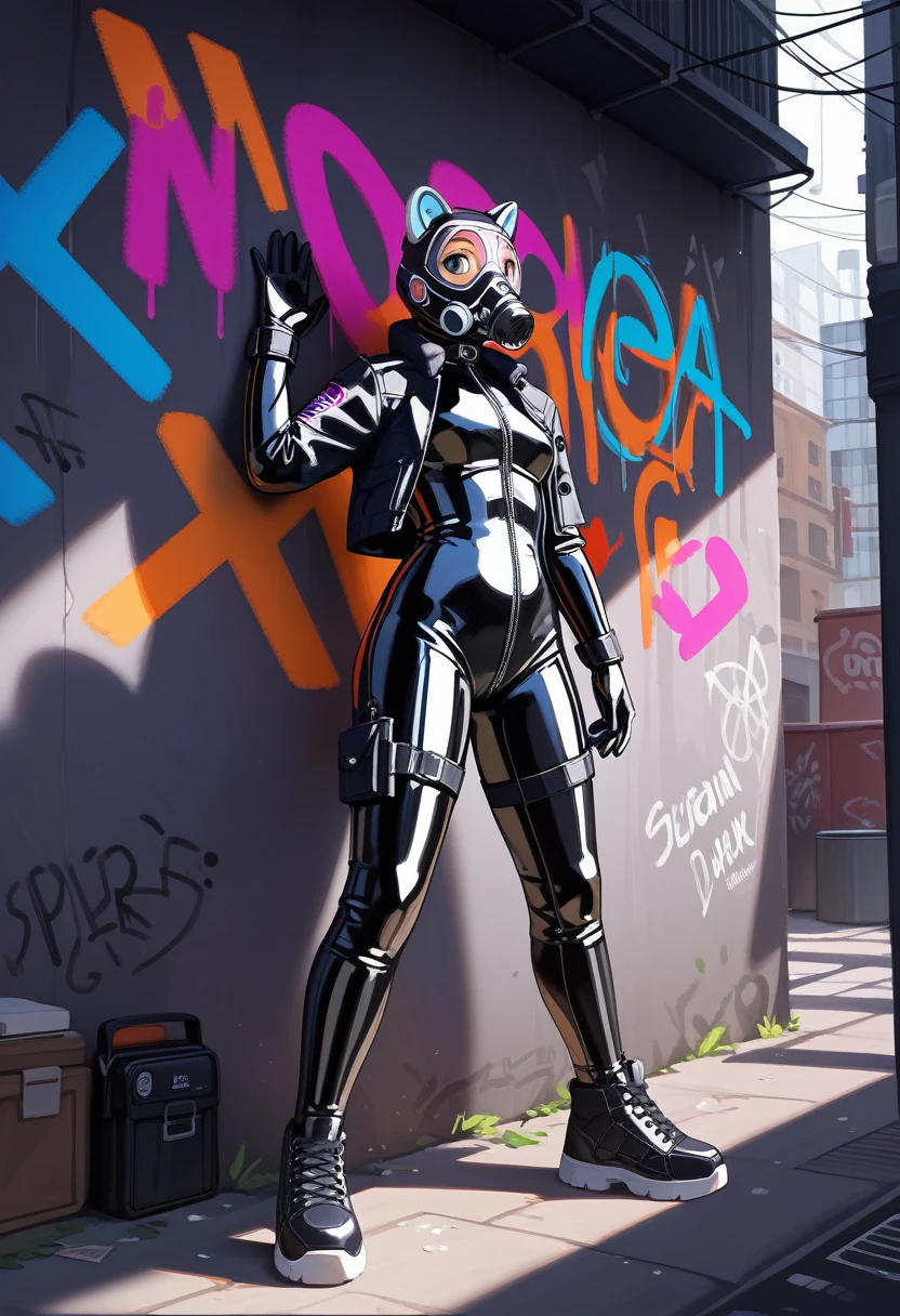animation, Highest quality, Highest quality, High quality illustrations, masterpiece, Ultra-high resolution, Detailed Background, Alley, Graffiti art on the wall, Absurd, Perfect Anatomy, performance, Good lighting, Shadows in the movies(kemono, Furry Personifi猫ion), Rubber suit, latex, neon, neonライト, neonカラー, Bodysuits, Cyber Suit, Leather Half Jacket, cyber punk, Leaning against the wall, gas mask