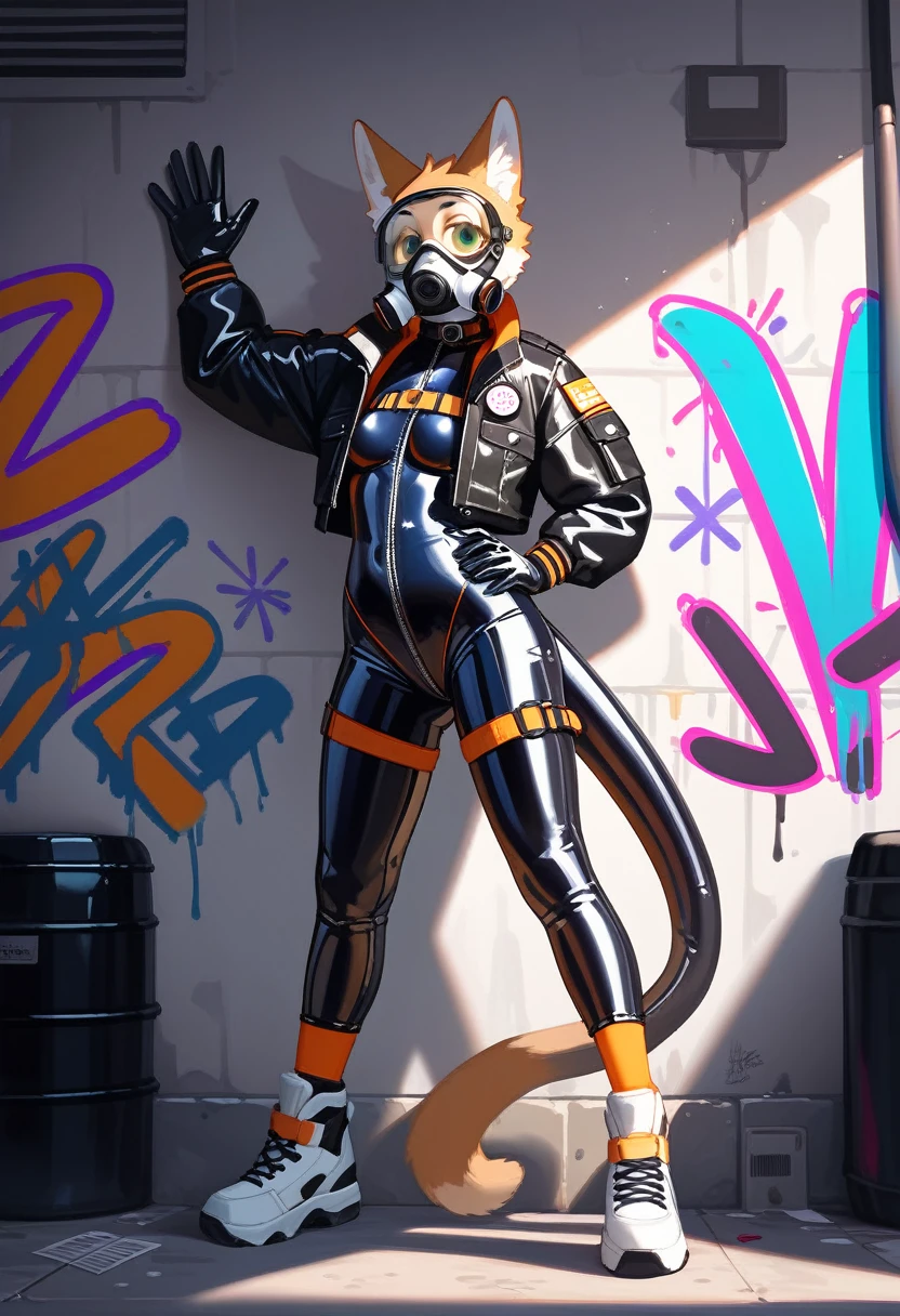 animation, Highest quality, Highest quality, High quality illustrations, masterpiece, Ultra-high resolution, Detailed Background, Alley, Graffiti art on the wall, Absurd, Perfect Anatomy, performance, Good lighting, Shadows in the movies(kemono, Furry Personifi猫ion), Rubber suit, latex, neon, neonライト, neonカラー, Bodysuits, Cyber Suit, Leather Half Jacket, cyber punk, Leaning against the wall, gas mask