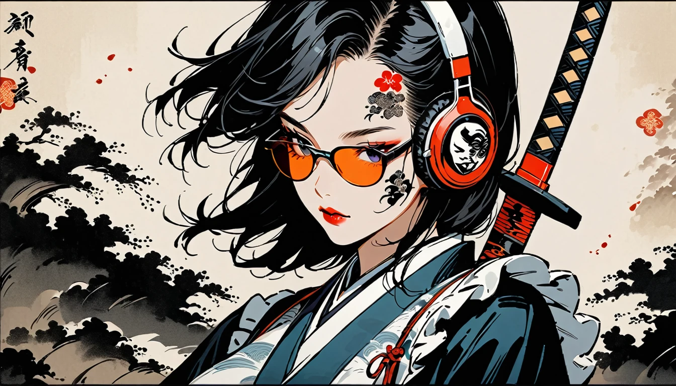 Ink Painting, (((1 girl))), (((Tattoo on face))), (((sunglasses))), Japanese style headphones, Japanese sword, beautiful girl, Black Hair, Delicate and precise, Modern ukiyo-e style, Maid