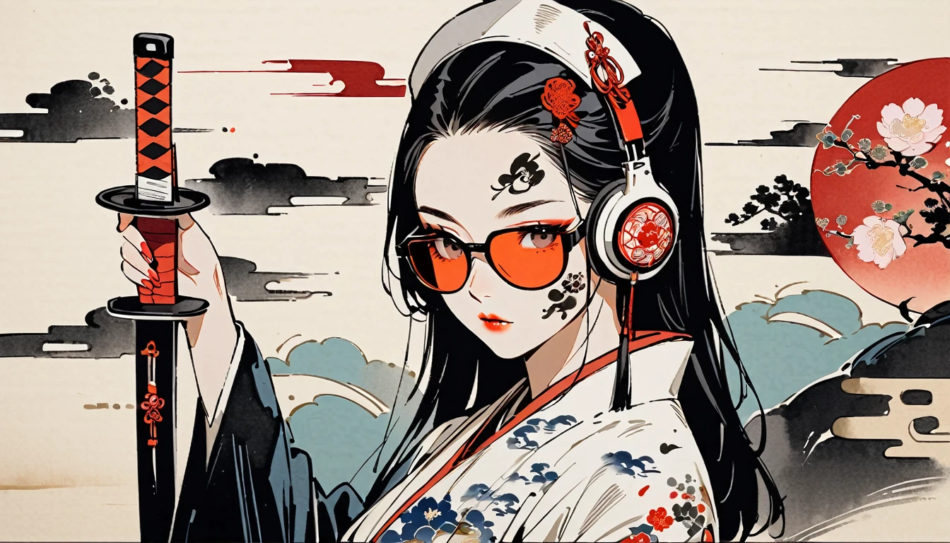 Ink Painting, (((1 girl))), (((Tattoo on face))), (((sunglasses))), Japanese style headphones, Japanese sword, beautiful girl, Black Hair, Delicate and precise, Modern ukiyo-e style, Maid