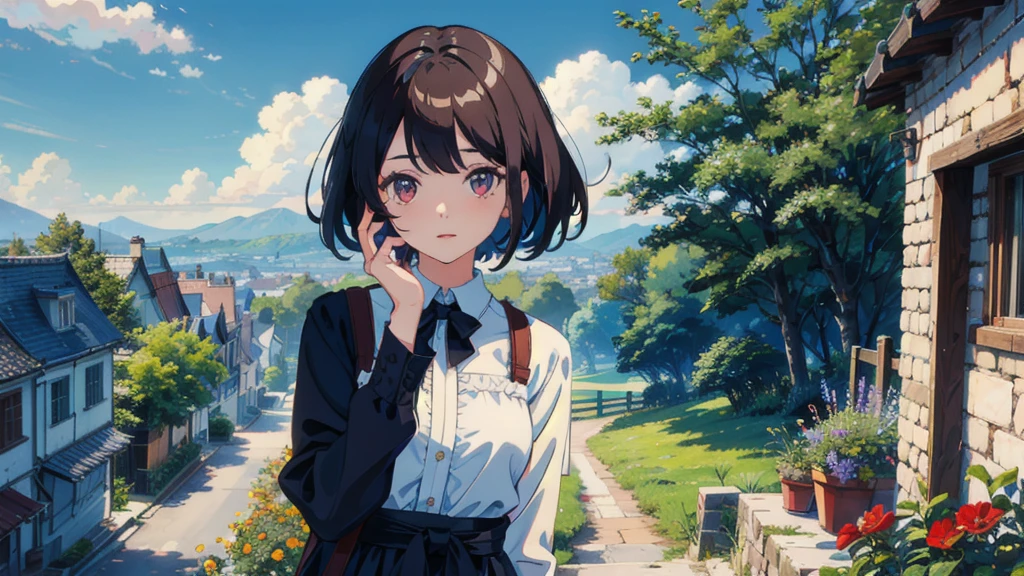 masterpiece,Highest quality,One Girl,The hair color is brown, Eye color: black, Kind eyes,Gradient Hair,countryside,Cityscape,sunlight,Flowers and plants,blue sky,scenery,afternoon,Light Perception,Soft sunlight,