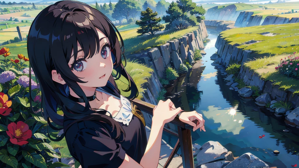 masterpiece,Highest quality,One Girl,The hair color is brown, Eye color: black, Kind eyes，Gradient Hair,countryside,Cityscape,sunlight,Flowers and plants,blue sky,scenery,afternoon,Light Perception,Soft sunlight,