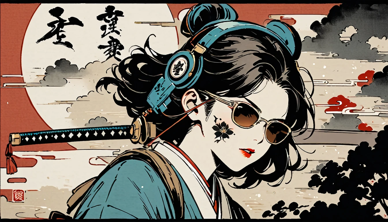 Ink Painting, (((1 girl))), (((Tattoo on face))), (((sunglasses))), Japanese style headphones, Japanese sword, beautiful girl, Black Hair, Delicate and precise, Modern ukiyo-e style, Maid