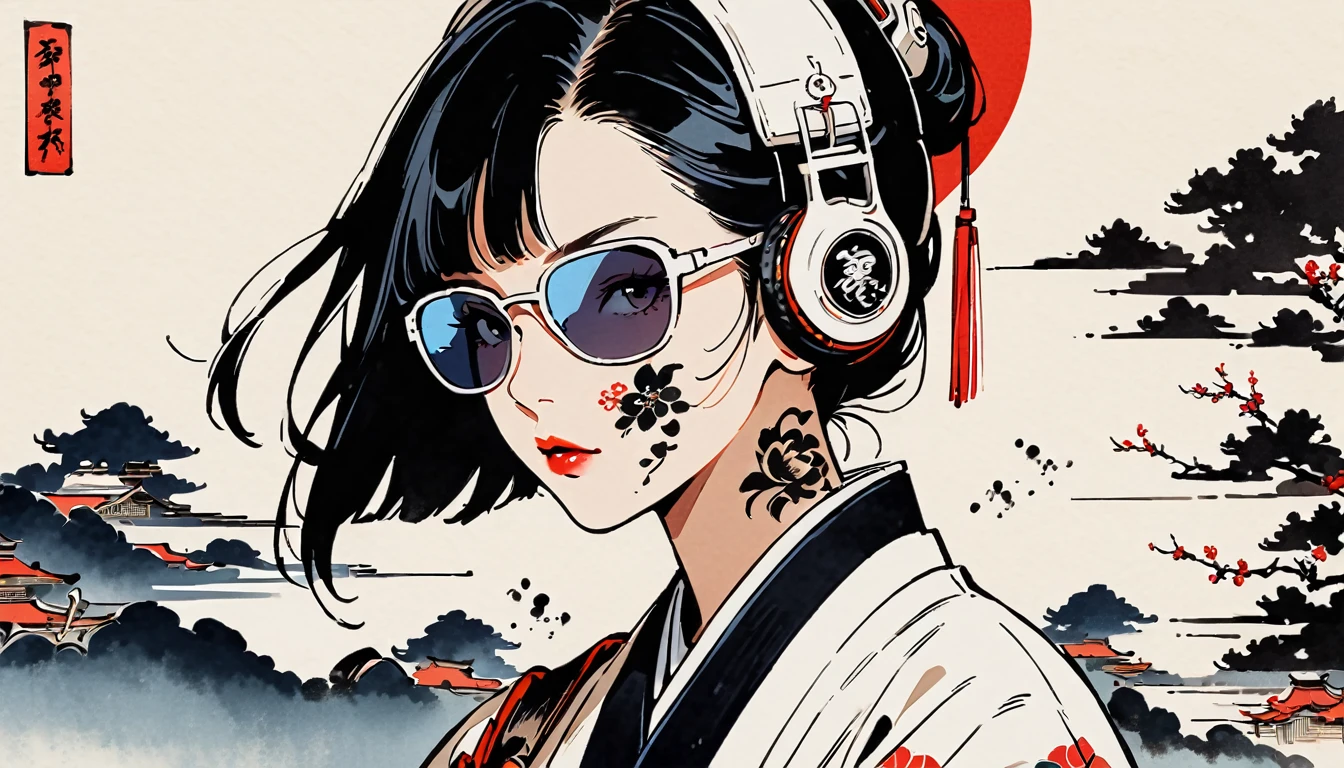 Ink Painting, (((1 girl))), (((Tattoo on face))), (((sunglasses))), Japanese style headphones, Japanese sword, beautiful girl, Black Hair, Delicate and precise, Modern ukiyo-e style, Maid