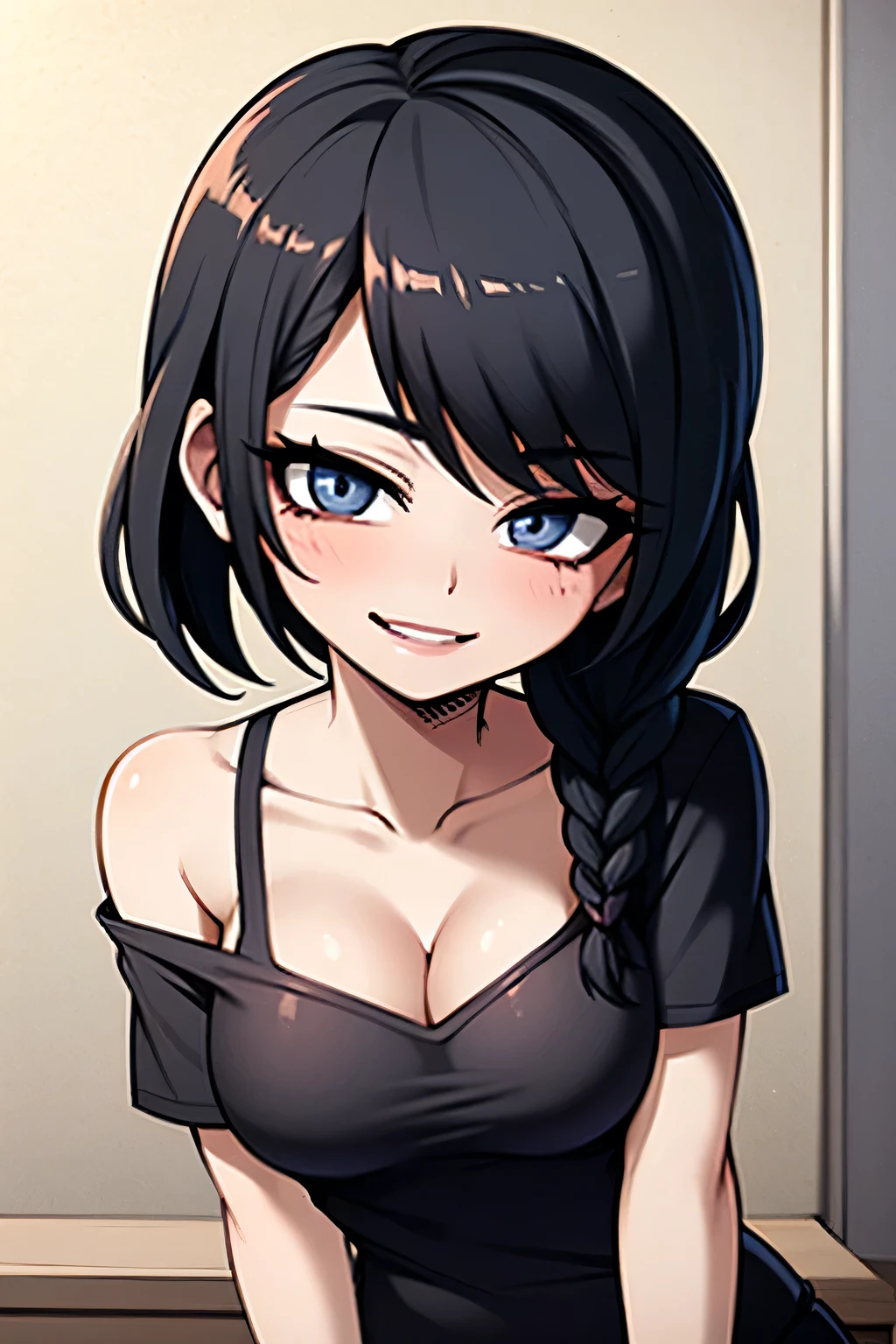 Sexy and cute woman, woman in love, black hair braided, very seductive and soft eyes, blushing hard, pink lips parted, seductive smile, long neck, collarbone, medium chest, cleavage, off shoulder t shirt, no straps, bare shoulders