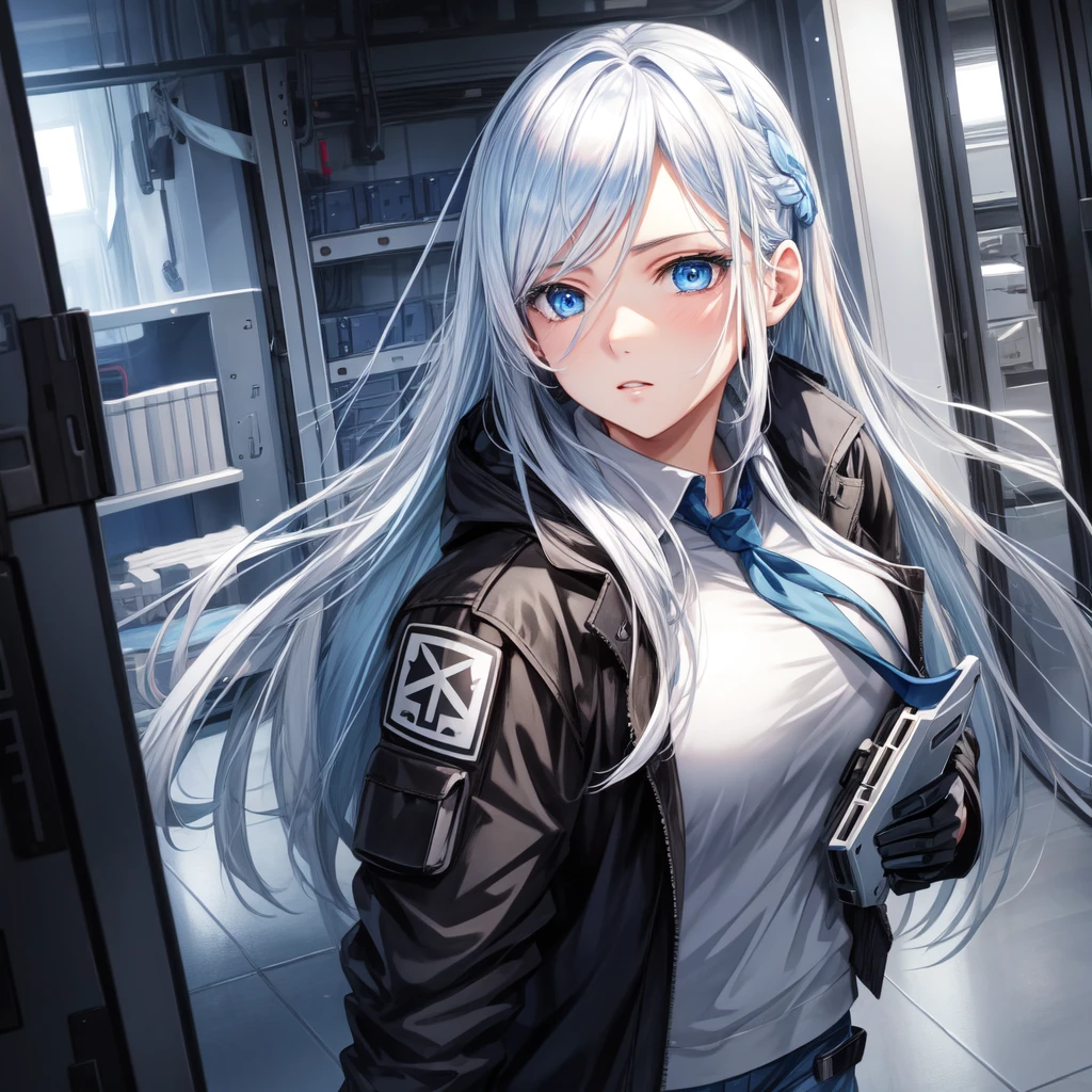 a very pretty girl, hacker, infiltration mask, pretty blue eyes, white hair, gun in hand, server room, ultra realistic anime style, HDR, 12k
