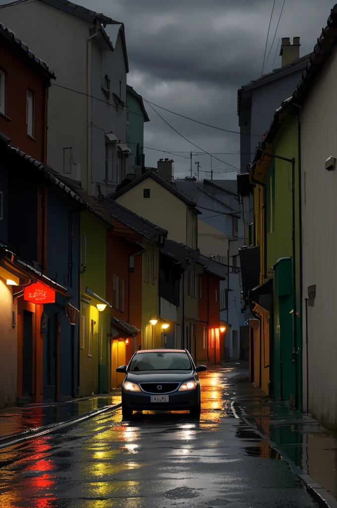 A black car on a road without houses or buildings and in rainy weather