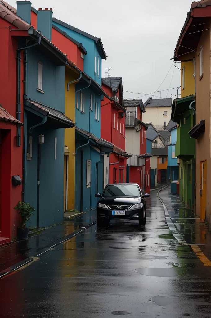 A black car on a road without houses or buildings and in rainy weather