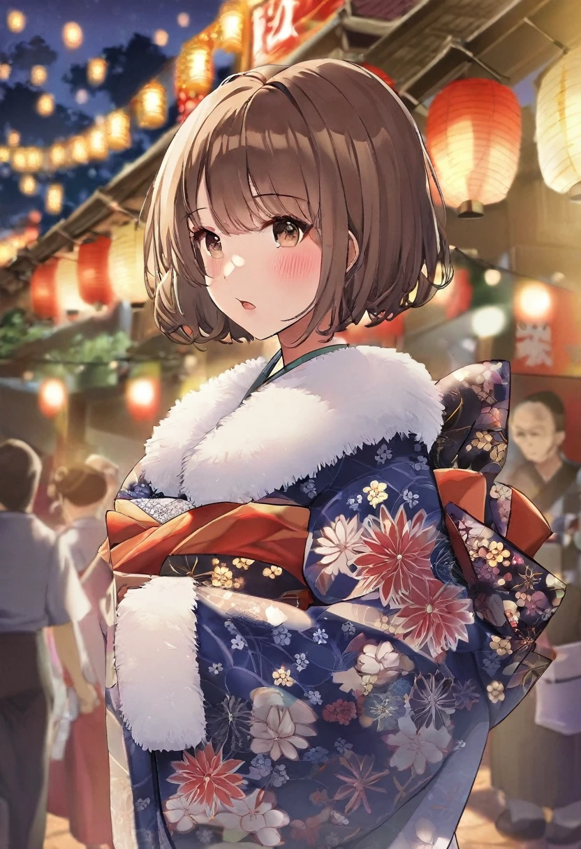 Woman.Brown hair and hazel eyes.She wears a beautiful kimono.Night time.
Under the festival lights