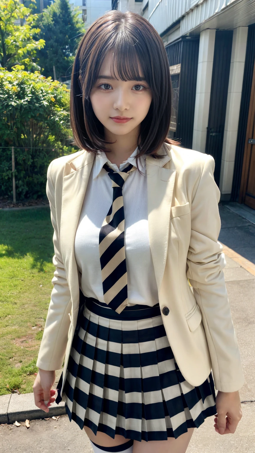 (absurdres:1.3), (highres:1.3), (ultra detailed:1.3),(1girl:1.3), (extremely detailed CG unity 8k wallpaper:1.3), (detailed skin texture, detailed cloth texture, detailed hair texture), (beautiful detailed face, supermodel, pale skin, realistic glistening skin), (RAW photo, best quality), (realistic, photo-realistic:1.4), masterpiece, extremely delicate and beautiful,Amazing, finely detail, extremely detailed CG unity 8k wallpaper, huge filesize, ultra-detailed, highres, absurdres, soft light,rim light, vibrant details, short bob hair, large breasts, black hair color, Big Natural Color Lip, (perfect body shape), beautiful legs, BREAK (Ivory-white theme:1.4), (Ivory-white blazer:1.4), (school uniform:1.2), (long sleeve:1.2), (white shirt:1.3), (white socks:1.2),
BREAK (black and white theme:1.2), (black and white stripes tie:1.3), (black and white tartan-check pleated skirt:1.2),
BREAK (brown loafers:1.2), crying a little、little smile, Harajuku style、20 year old girl、cute type、lolita、standing