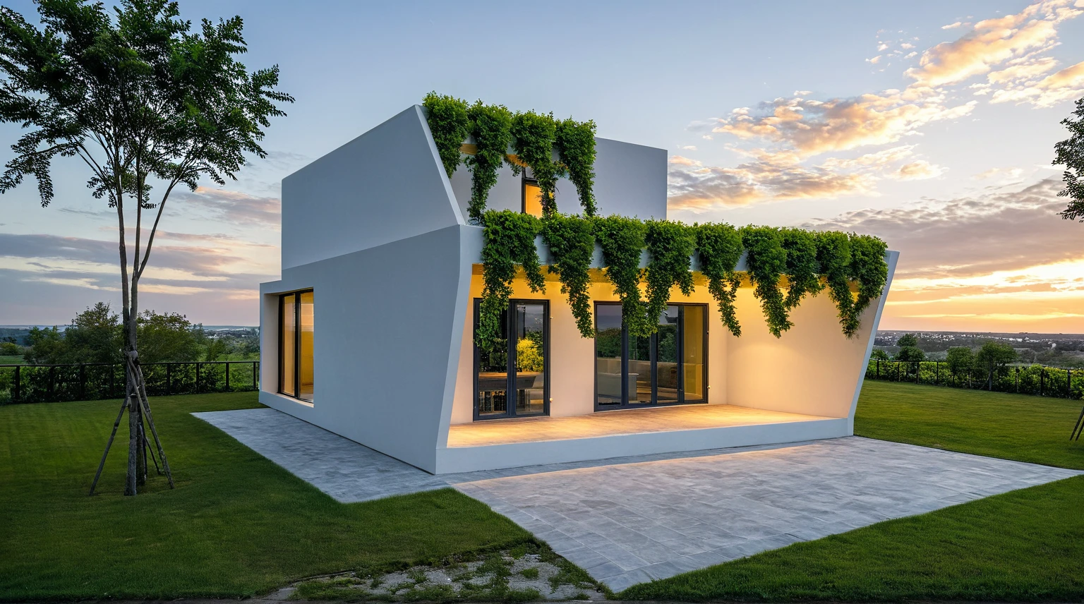 exterior, Masterpiece, high quality, best quality, authentic, super detail, outdoors, onestoreyvillaXL, aiaigroup, house style modern, white wall, glass window ,pavement, grass, trees, dusk sky, cloud, (daylight:1.1)