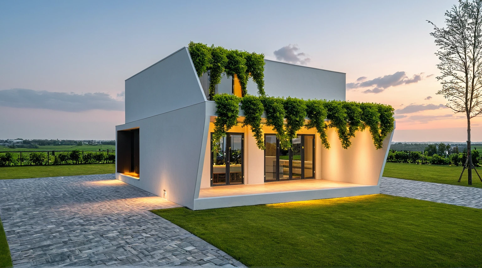 exterior, Masterpiece, high quality, best quality, authentic, super detail, outdoors, onestoreyvillaXL, aiaigroup, house style modern, white wall, glass window ,pavement, grass, trees, dusk sky, cloud, (daylight:1.1)
