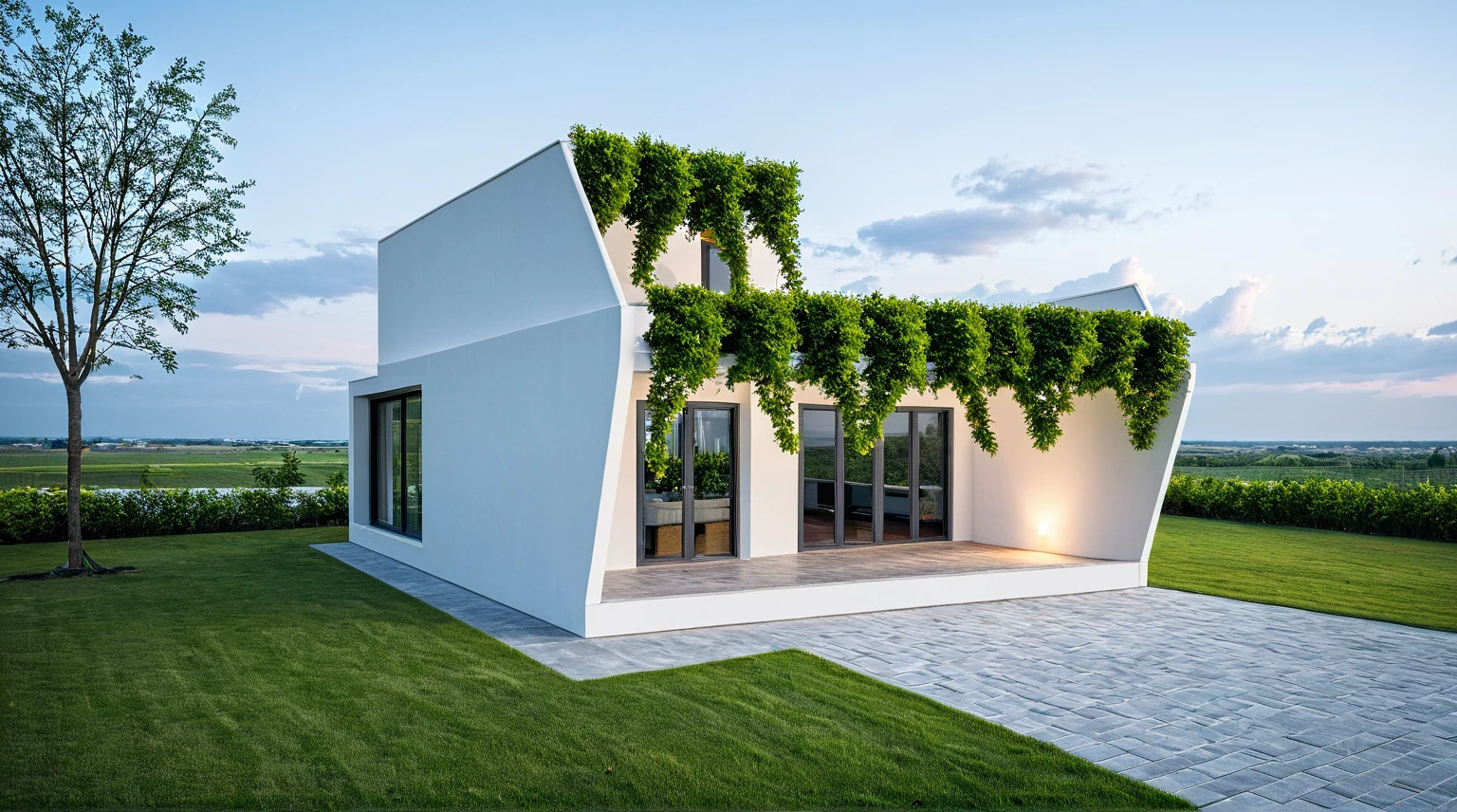 exterior, Masterpiece, high quality, best quality, authentic, super detail, outdoors, onestoreyvillaXL, aiaigroup, house style modern, white wall, glass window ,pavement, grass, trees, dusk sky, cloud, (daylight:1.1)