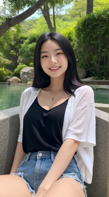 Please draw a beautiful woman smiling happily.。She is wearing casual clothes、Relaxing in nature。Black Hair