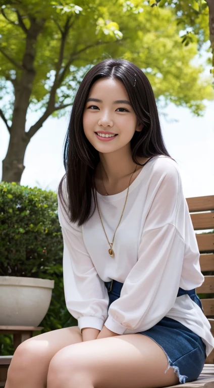 Please draw a beautiful woman smiling happily.。She is wearing casual clothes、Relaxing in nature。Black Hair