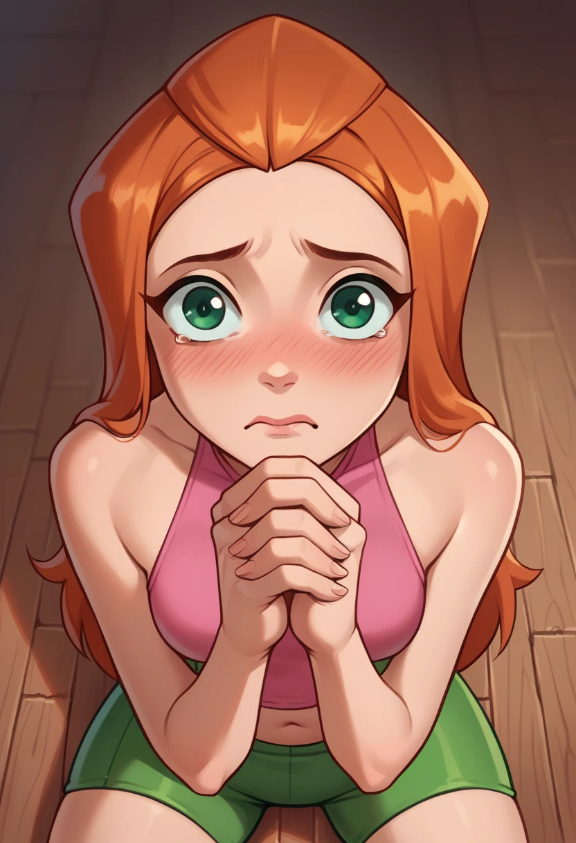 pov, sam, totally spies, kneeling, wood floor, green eyes, pink top, midriff, bare shoulders, pleading, begging, looking at viewer, blushing, hands together, bottomless, desperated