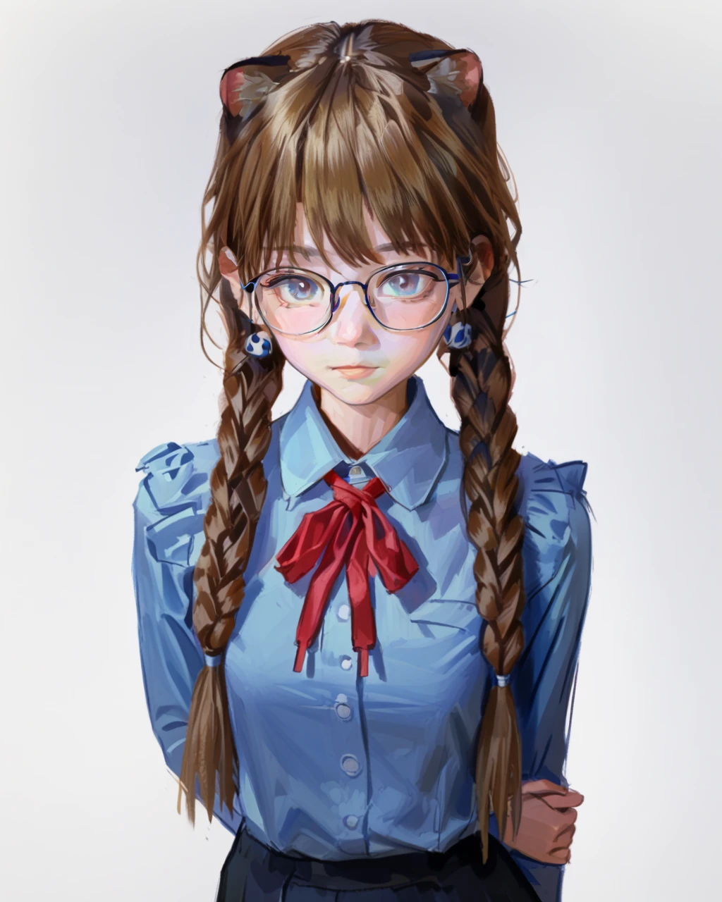 masterpiece,best quality,4K,8K,teenage,oil painting \(medium\),fkey70,
1girl,solo,arm behind back,arms at sides,looking at viewer,
standing,brown hair,
braids,earrings,blue eyes,glasses,
collared shirt,long sleeves,black skirt,
simple background,
upper body,