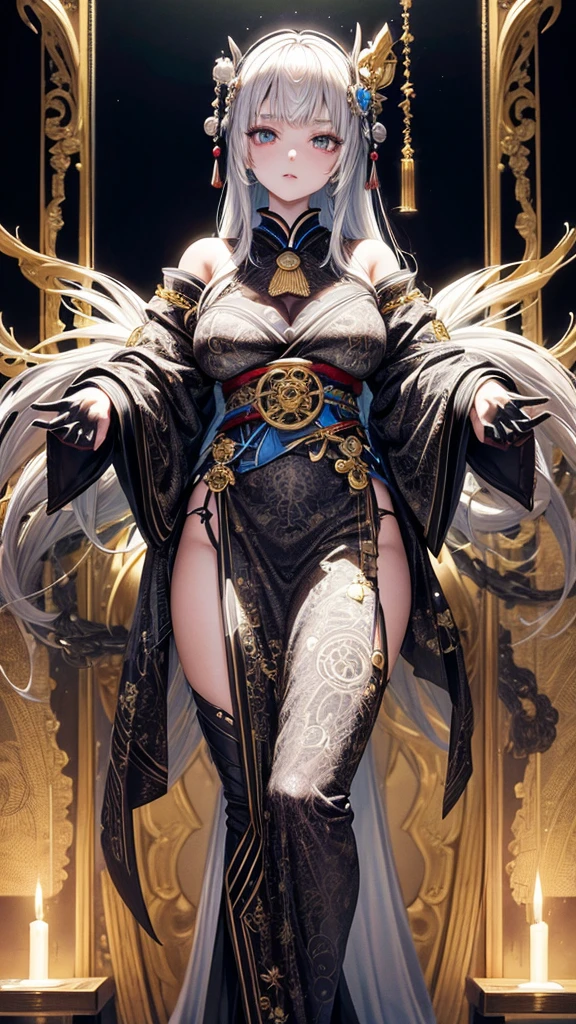 Portrait photo of a Japanese female android in her mid-twenties made of white and silver transparent glass and plastic, Geisha Makeup, black hairstyle, Silver and gold metal internals, Dynamic pose, Flowing organic structure, Detailed engraving, Lace knitting designs, Shiny gold circuit, coloRful Neon Trim, Detailed engraving, Lace knitting designs, Glowing Circuit, Neon Trim, art:H.R. Giger, GReg Rutowski