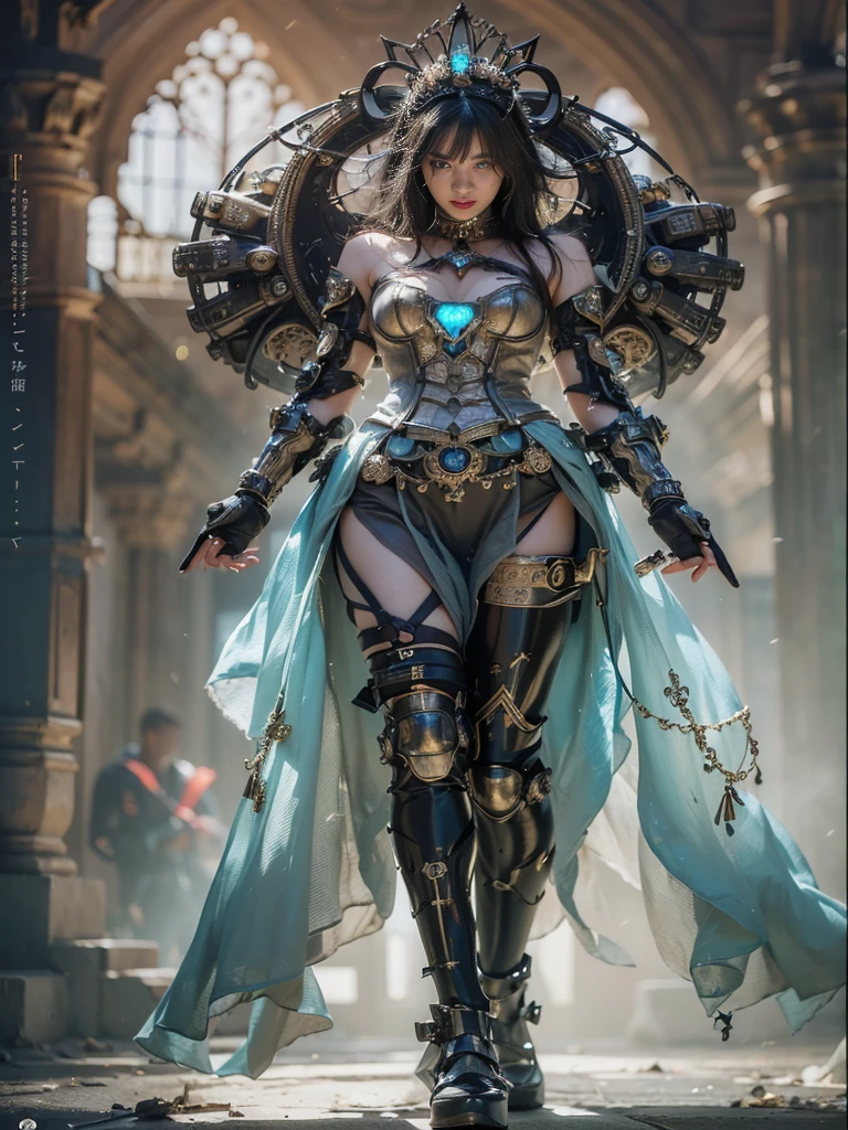 (((masterpiece, highest quality, Very detailed))), (((The endless magic girl, , radiating magic))), (((Complex mechanical headgear, A fusion of the intricate mechanical nature of steampunk fashion, the over-the-top gothic fashion and the neon glow of cyberpunk fashion.))), Bust up photo, ((((Very detailedな顔))), (((Very sharp focused eyes))), Very large slitted dark grey eyes that sparkle like jewels. Very long eyelashes, Long vertically curled black hair, Thick bangs, Perfect princess cut, Very gorgeous tiara, (((Perfectly accurate human anatomy))), Long neck, Narrow shoulders, thin and long arms, Small breasts, Very small waist, Very small ass, Long, Slender legs, (((Overall accuracy has been dramatically improved, creating Very detailed, Realistic and photo-realistic images)))), (((magic, magic spell light, magic weapon))), Dynamic pose, Cinema Lighting,