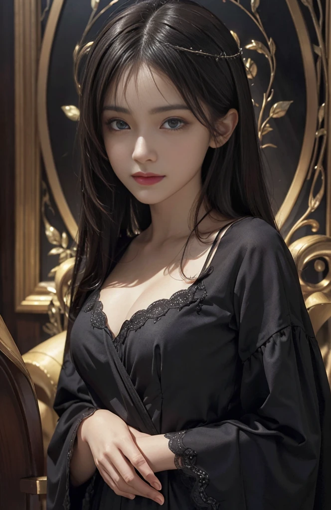 (Surreal) , (Awareness-raising), (Increase the resolution), (8K), (Very detailed), (Best Illustration), (Beautiful and delicate eyes), (Highest quality), (Super detailed), (masterpiece), ( wallpaper), (Detailed face), alone, View your viewers, Exquisite detail, Detailed face, Dark Night, Dark shading, Low Tone,Pure Erotic Face Ace_v1, smile,Long Straight Hair，Black shawl, 46 point diagonal bangs，Ample breasts